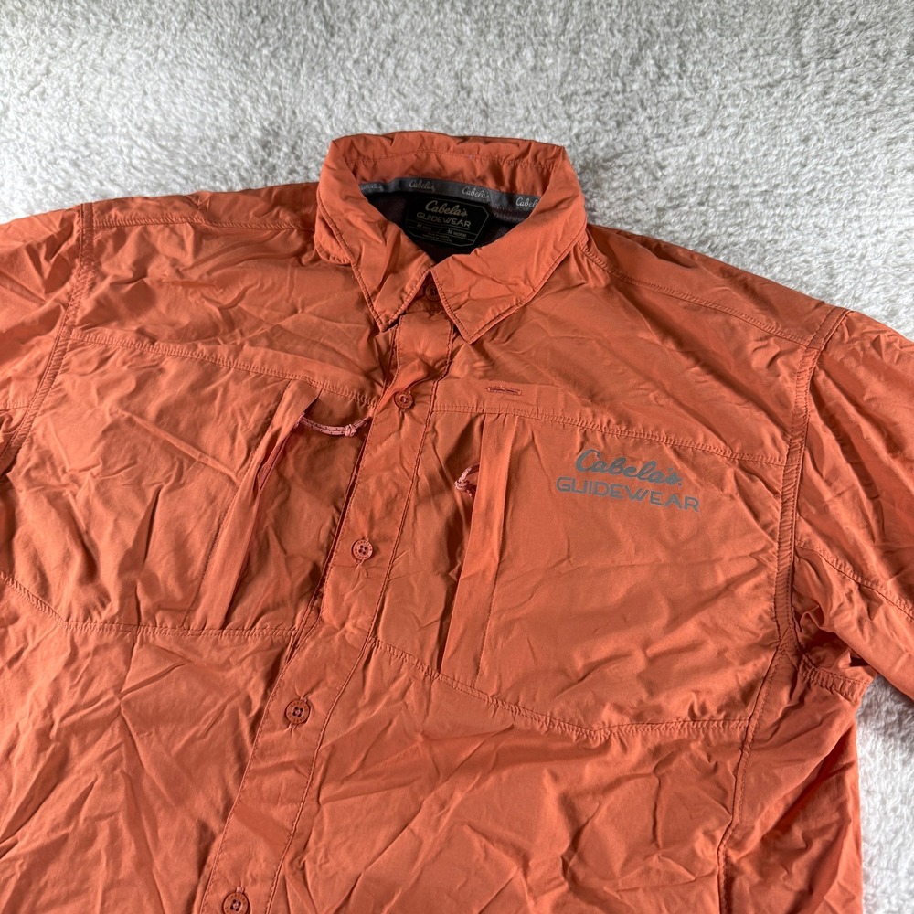 Cabela's Guidewear Fishing Shirt Button Zip Orange Red Medium Clean Short